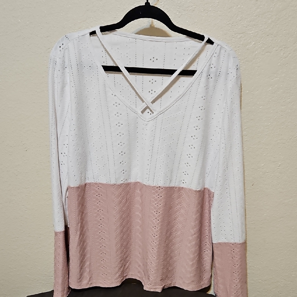 SHEIN White and Pink V-Neck Long Sleeve Top
